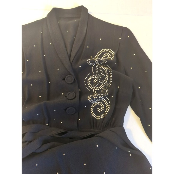 Rare Vtg 1930s Art Deco Black Nail Head Studded Dress S Whimsigoth Vamp Jive - Picture 7 of 16
